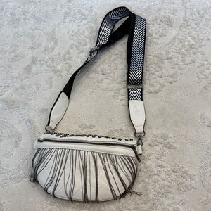 White Quilted Fringe Crossbody Bag with Patterned Strap